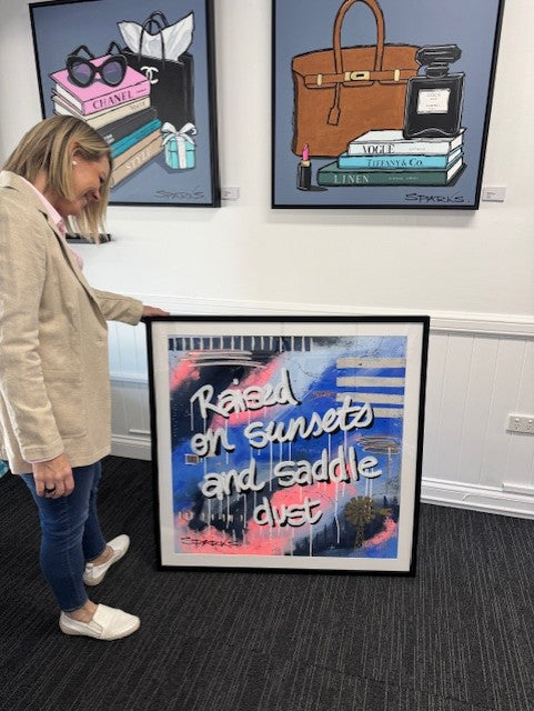 Raised On Sunsets & Saddle Dust | 100 x 100cm | Framed in black