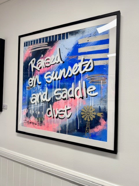 Raised On Sunsets & Saddle Dust | 100 x 100cm | Framed in black