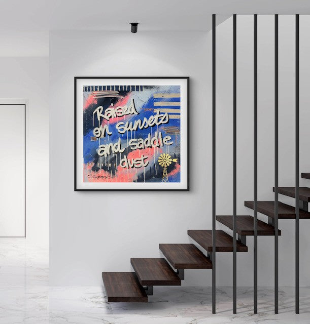 Raised On Sunsets & Saddle Dust | 100 x 100cm | Framed in black
